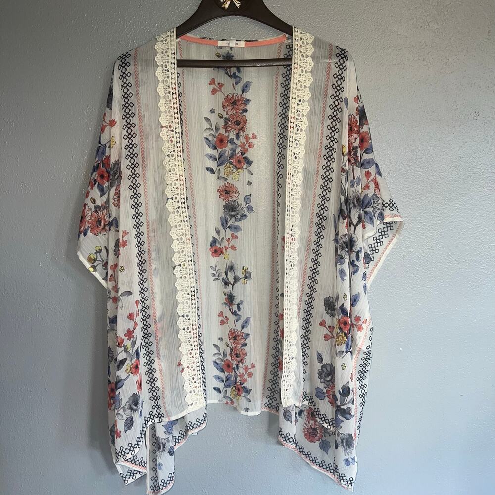 Maurices Crochet Trim Floral Kimono Ivory Coral Blue Sheer Lightweight Long S/M - Picture 2 of 9